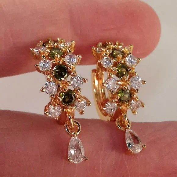 18K Yellow Gold Filled Olive Green Diamond Zircon Hoop Dangle Earrings - Picture 5 of 7